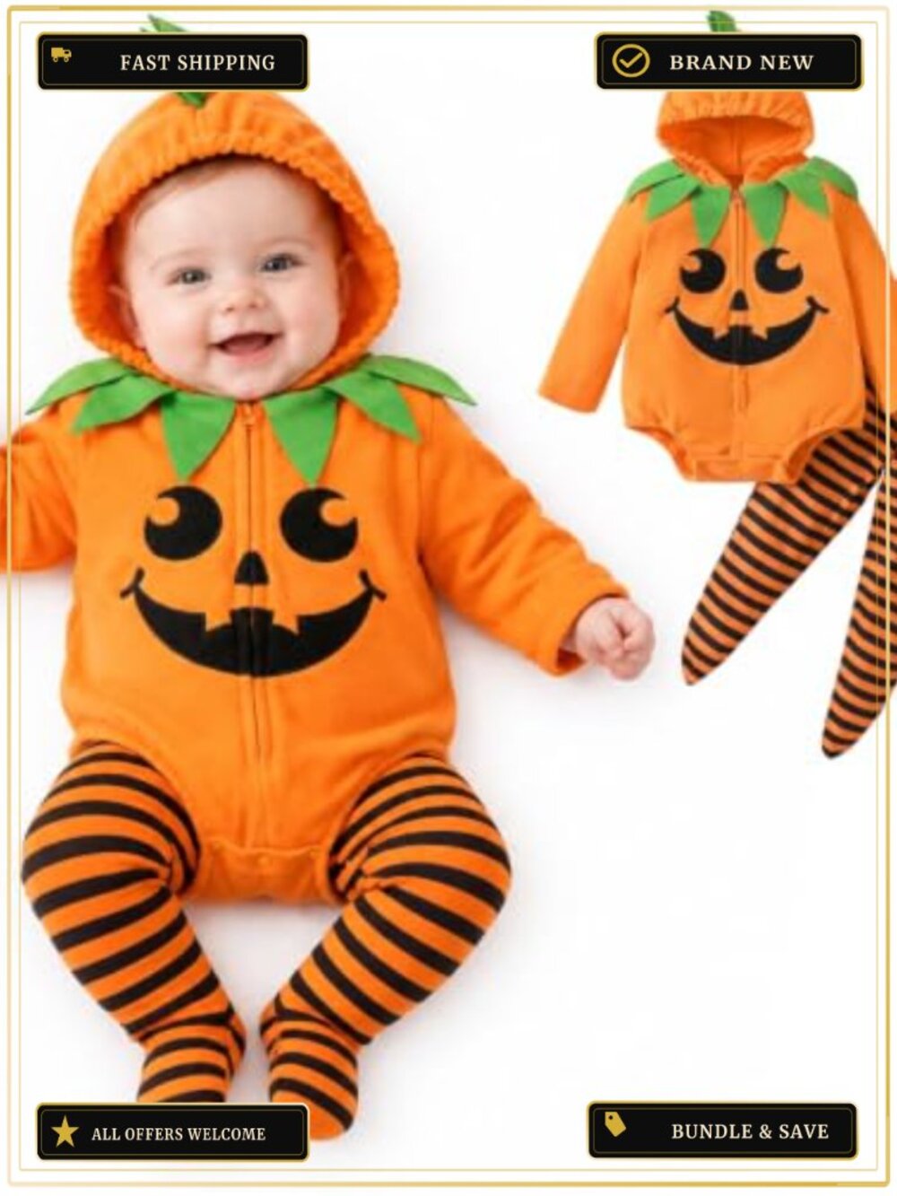 Infant Pumpkin Halloween Costume Set Hoodie Top Striped Pants Fall Outfit